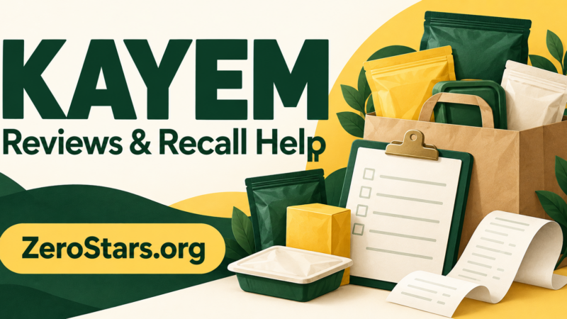 Green and yellow editorial illustration of unbranded grocery packages, a shopping bag, receipt and checklist for Kayem reviews and recall help.