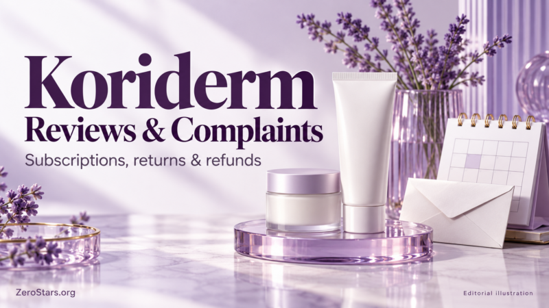 Koriderm reviews and complaints editorial illustration in lavender with unbranded cosmetics, a calendar and envelope.