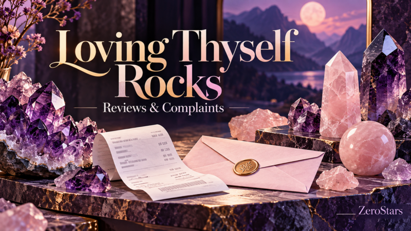 Loving Thyself Rocks reviews and complaints illustration with purple and pink crystals, a generic receipt and an envelope.