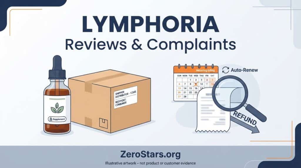 Lymphoria reviews and complaints illustration featuring an unbranded bottle, package, calendar and refund checklist.
