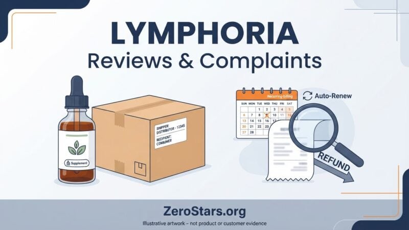 Illustrative Lymphoria reviews and complaints guide graphic with unbranded dropper bottle, parcel, calendar, and receipt; not a product photograph or customer evidence.