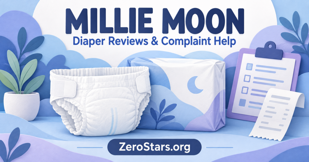 Blue and lilac editorial illustration of a generic diaper, nursery package, receipt and checklist for Millie Moon reviews and complaint help.