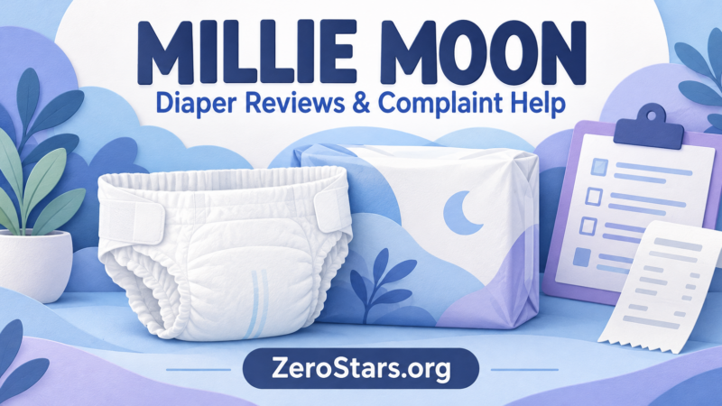 Blue and lilac editorial illustration of a generic diaper, nursery package, receipt and checklist for Millie Moon reviews and complaint help.