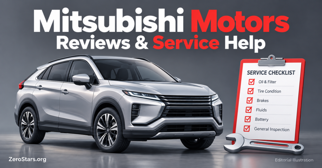 Editorial illustration of a generic silver crossover, service checklist and wrench for Mitsubishi Motors reviews and service help.