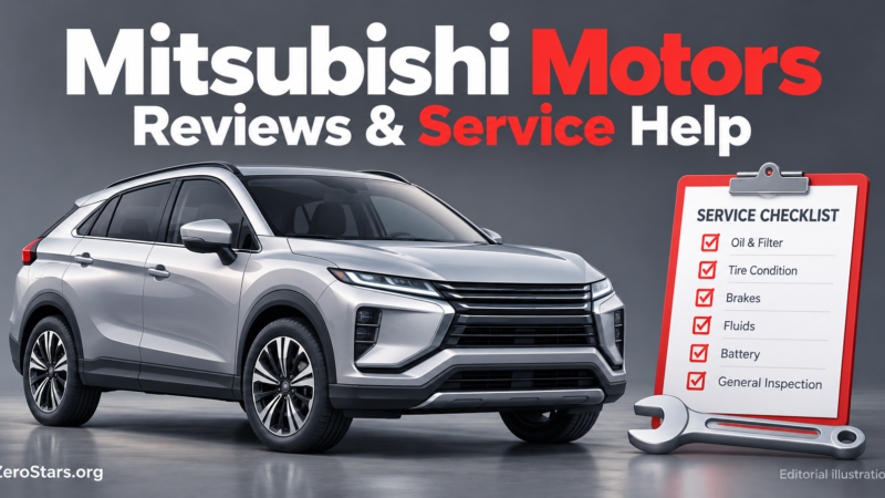 Editorial illustration of a generic silver crossover, service checklist and wrench for Mitsubishi Motors reviews and service help.
