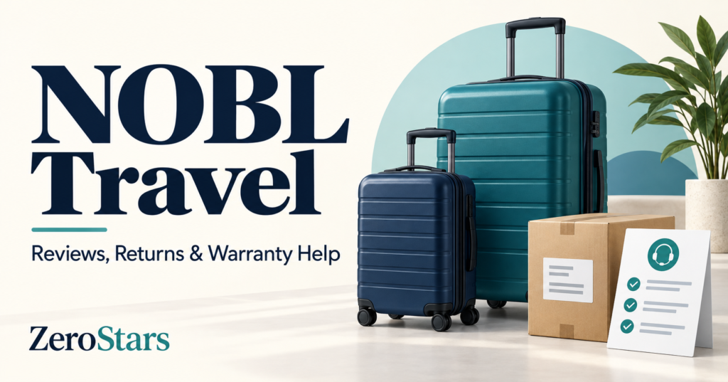 Teal and navy generic suitcases, a return parcel and support checklist illustrating NOBL Travel reviews, returns and warranty help.