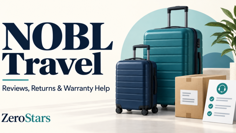 Teal and navy generic suitcases, a return parcel and support checklist illustrating NOBL Travel reviews, returns and warranty help.