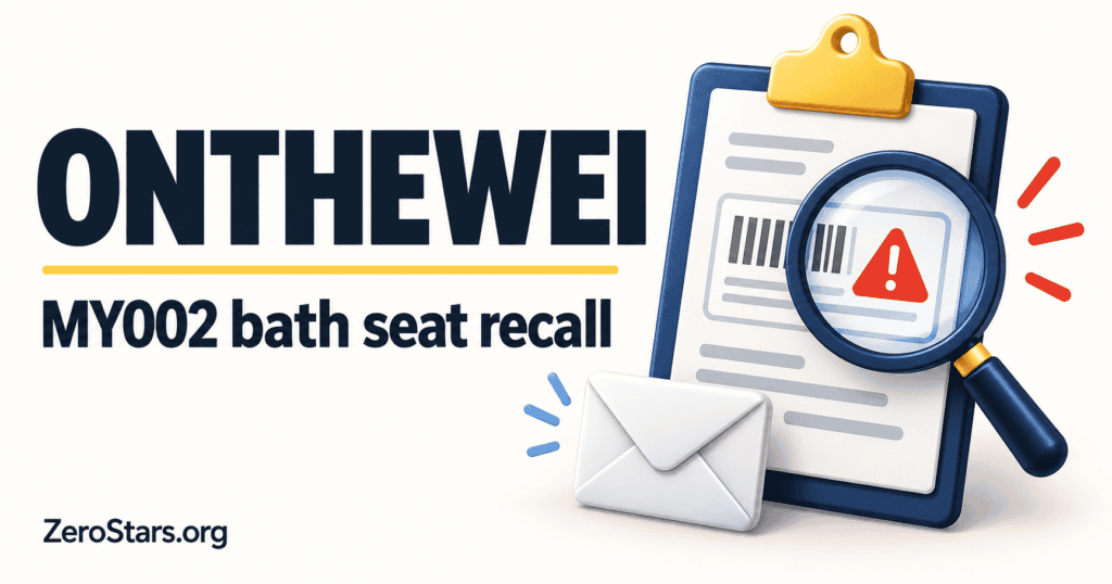 ONTHEWEI MY002 bath seat recall illustration with a clipboard, magnifying glass and email envelope.