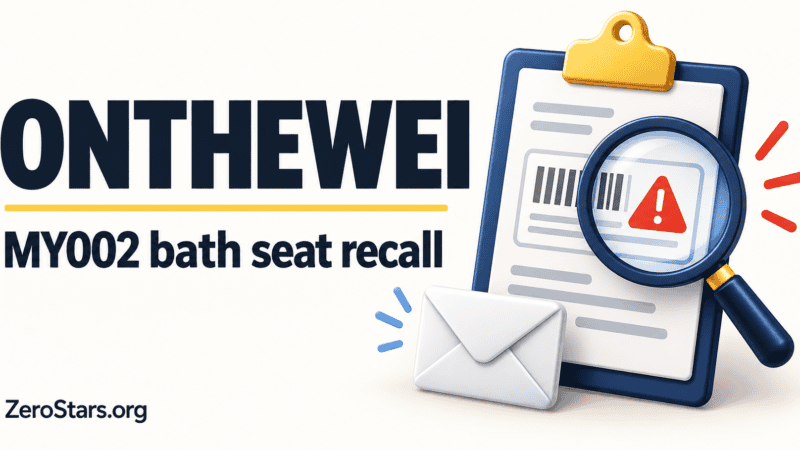ONTHEWEI MY002 bath seat recall illustration with a clipboard, magnifying glass and email envelope.