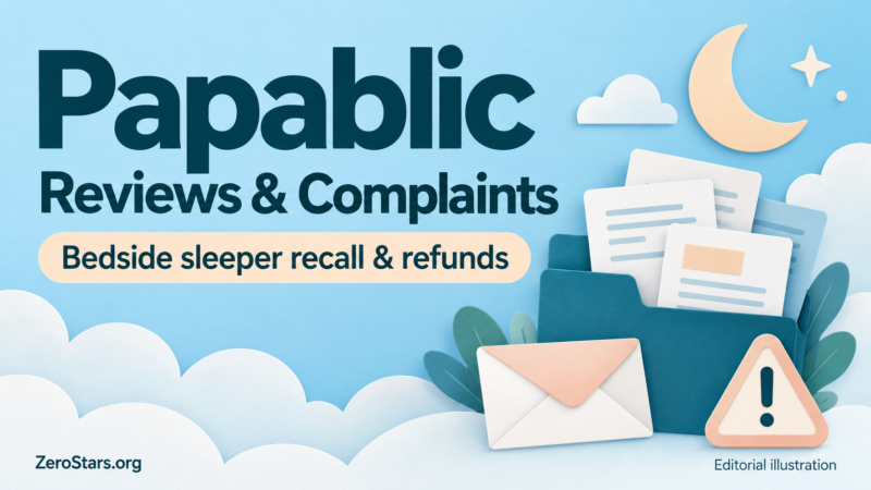Papablic reviews and complaints illustration in sky blue and teal with documents, an envelope and a safety-information symbol.