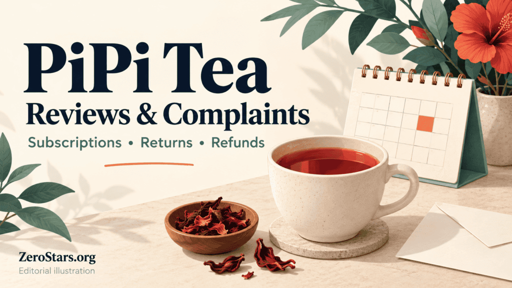 PiPi Tea review illustration showing herbal tea, a calendar and an envelope.