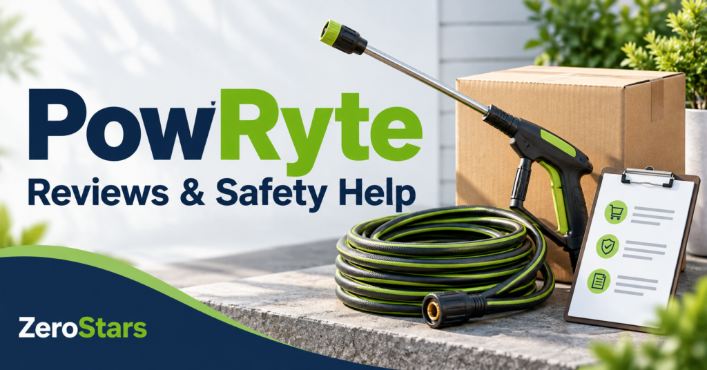 Generic spray wand, coiled hose, parcel and support checklist illustrating PowRyte reviews and safety help.