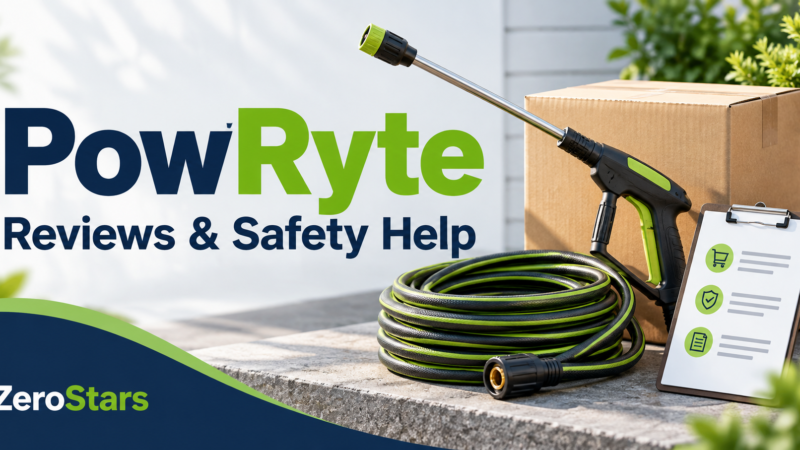 Generic spray wand, coiled hose, parcel and support checklist illustrating PowRyte reviews and safety help.