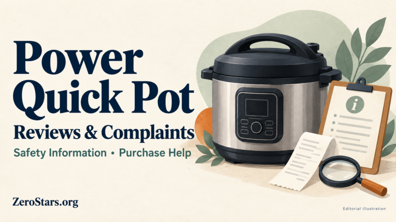 Power Quick Pot editorial illustration with a generic closed pressure cooker, information checklist, receipt and magnifying glass.