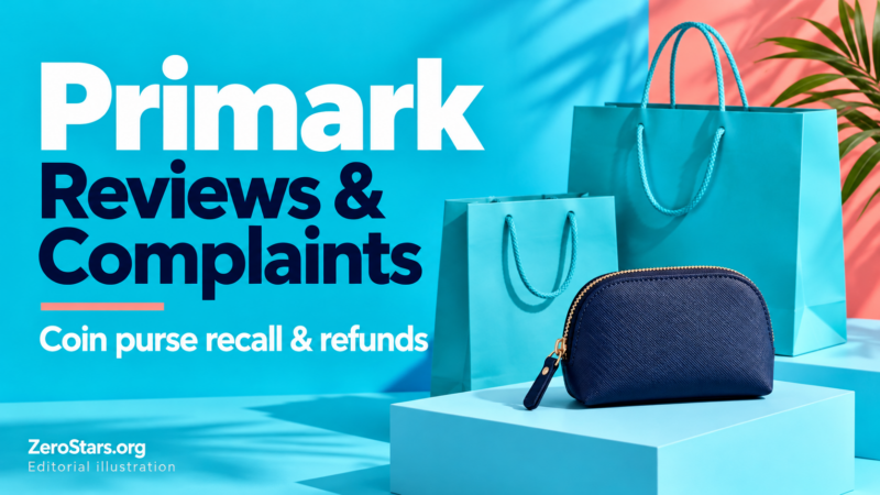 Primark reviews and complaints graphic in turquoise and navy with generic shopping bags and an unbranded coin pouch.