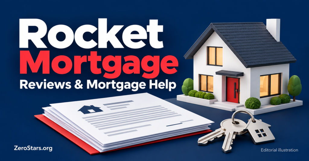 Editorial illustration of a model home, house keys and paperwork for Rocket Mortgage reviews and mortgage help.