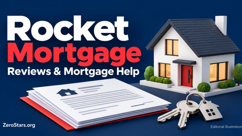 Editorial illustration of a model home, house keys and paperwork for Rocket Mortgage reviews and mortgage help.