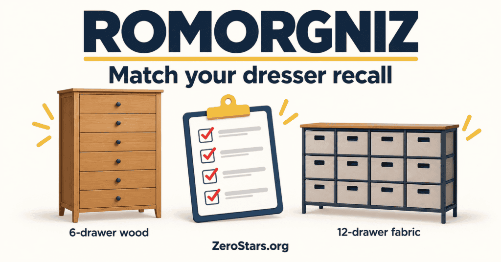 Romorgniz recall-help illustration comparing conceptual six-drawer wooden and twelve-drawer fabric furniture categories.