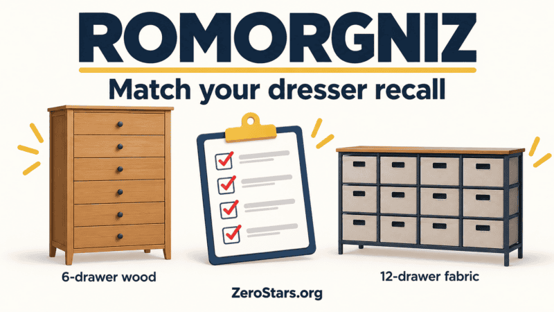 Romorgniz recall-help illustration comparing conceptual six-drawer wooden and twelve-drawer fabric furniture categories.