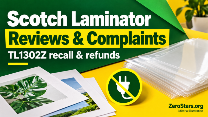 Scotch laminator reviews and complaints graphic in green and yellow with laminating pouches, paper and an unplugged-plug symbol.