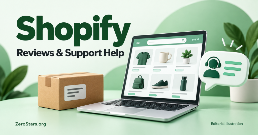 Editorial illustration of a generic online storefront, shipping box and support bubble for Shopify reviews and support help.