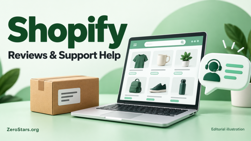 Editorial illustration of a generic online storefront, shipping box and support bubble for Shopify reviews and support help.