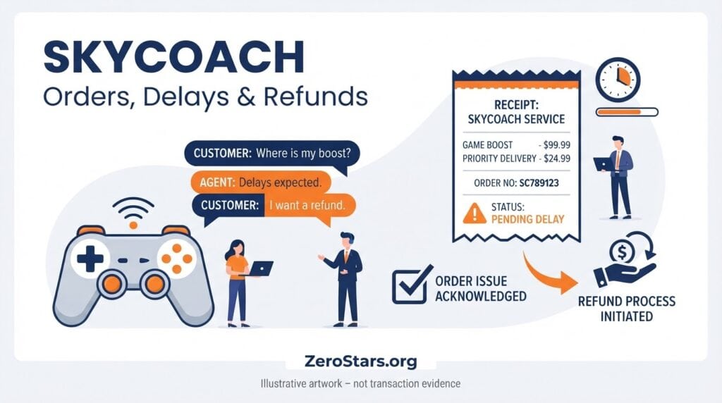Skycoach marketplace reviews and complaints illustration with generic game controller, receipt, chat and refund symbols.