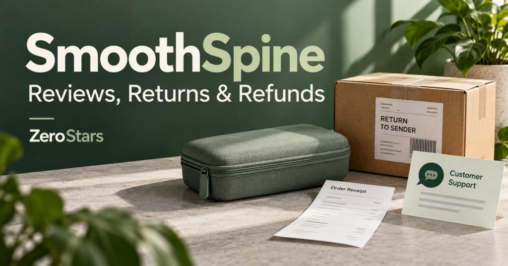 Return parcel, generic storage case, receipt and support card illustrating SmoothSpine reviews, returns and refunds.