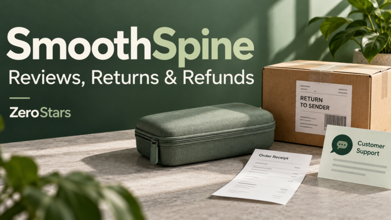 Return parcel, generic storage case, receipt and support card illustrating SmoothSpine reviews, returns and refunds.