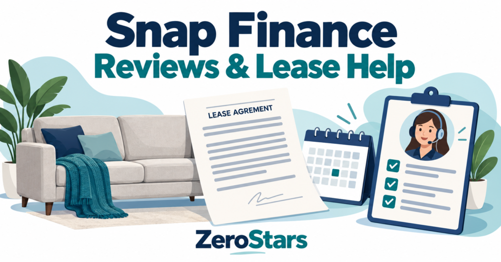 Teal and navy editorial illustration of a sofa, generic lease document, calendar and support checklist for Snap Finance reviews and lease help.