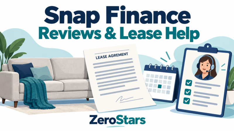 Teal and navy editorial illustration of a sofa, generic lease document, calendar and support checklist for Snap Finance reviews and lease help.