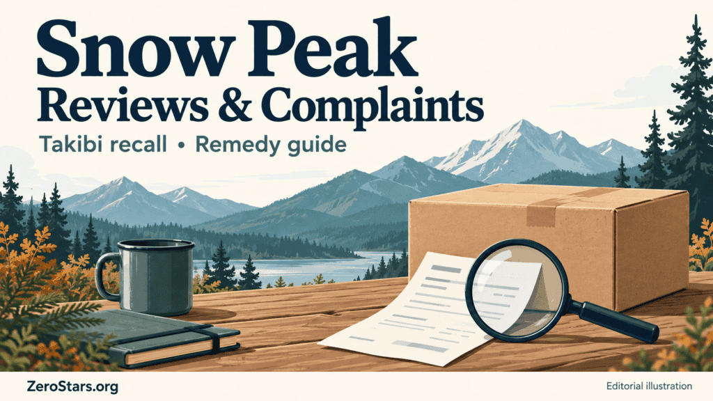 Snow Peak recall-guide illustration showing mountains, a parcel, receipt and magnifying glass.