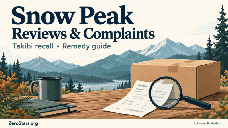 Snow Peak recall-guide illustration showing mountains, a parcel, receipt and magnifying glass.