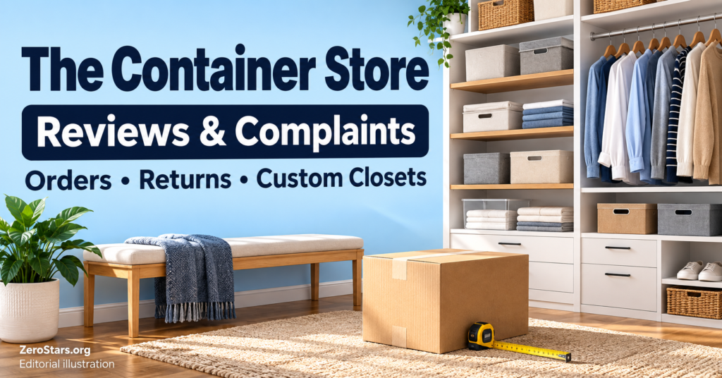 Editorial illustration of an organized closet, storage bins, shipping carton and measuring tape for The Container Store reviews.