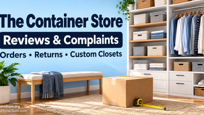 Editorial illustration of an organized closet, storage bins, shipping carton and measuring tape for The Container Store reviews.