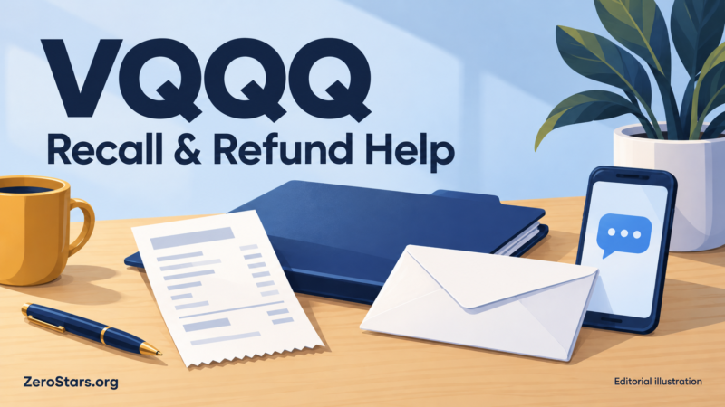 Editorial illustration of a purchase receipt, folder, envelope and support phone for VQQQ recall and refund help.