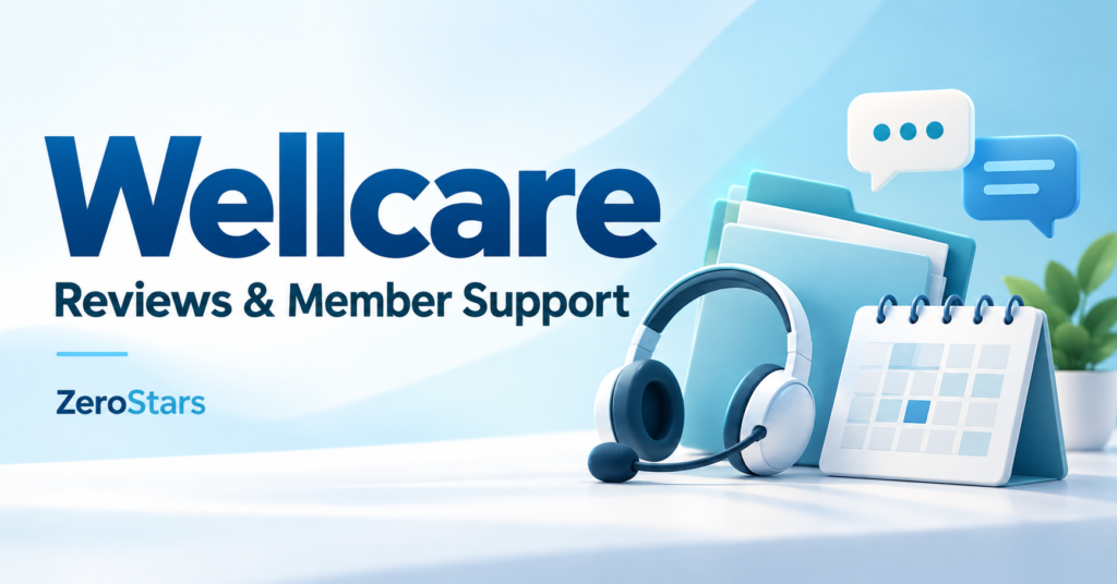 Blue support headset, folders, calendar and speech bubbles illustrating Wellcare reviews and member support.