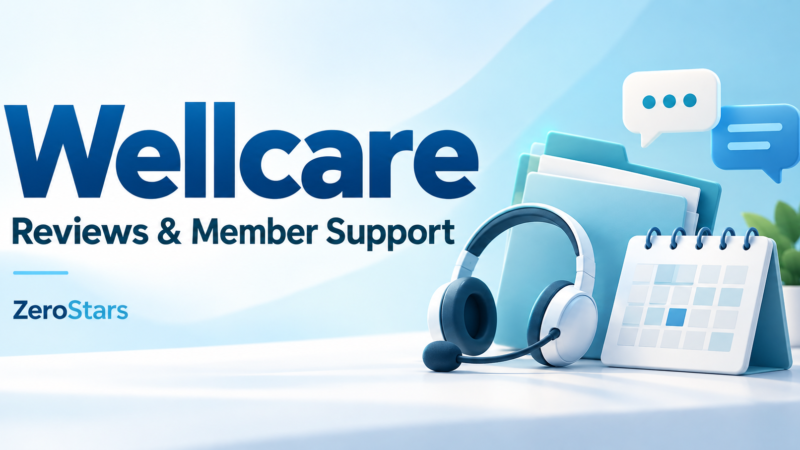 Blue support headset, folders, calendar and speech bubbles illustrating Wellcare reviews and member support.