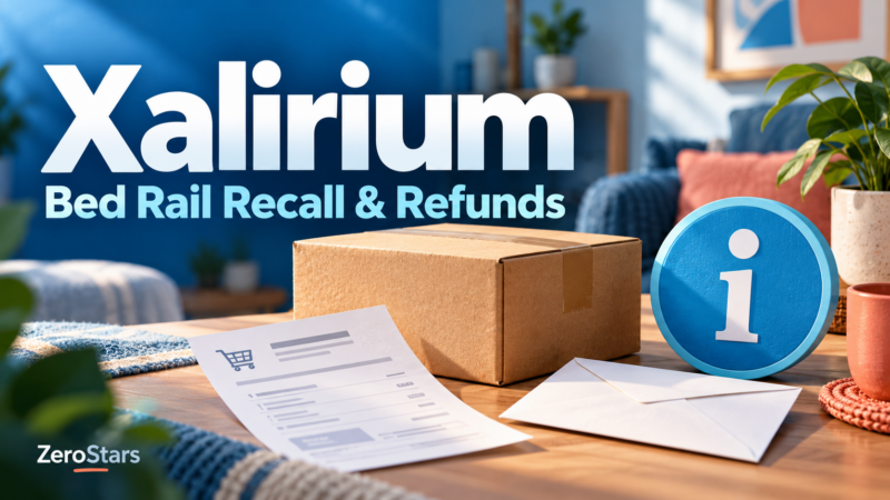 Xalirium bed rail recall and refunds illustration in cobalt blue and aqua with a generic box, purchase record, envelope and information symbol.