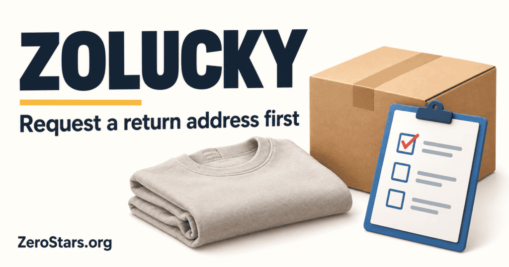 Zolucky return illustration with a folded garment, plain parcel and authorization checklist.