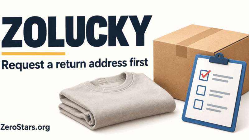 Zolucky return illustration with a folded garment, plain parcel and authorization checklist.